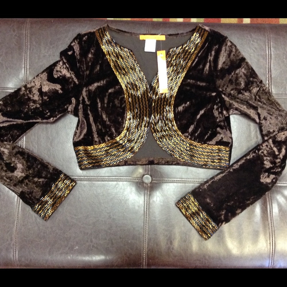 By Deep Los Angeles Brown Velvet Cropped Bead Top